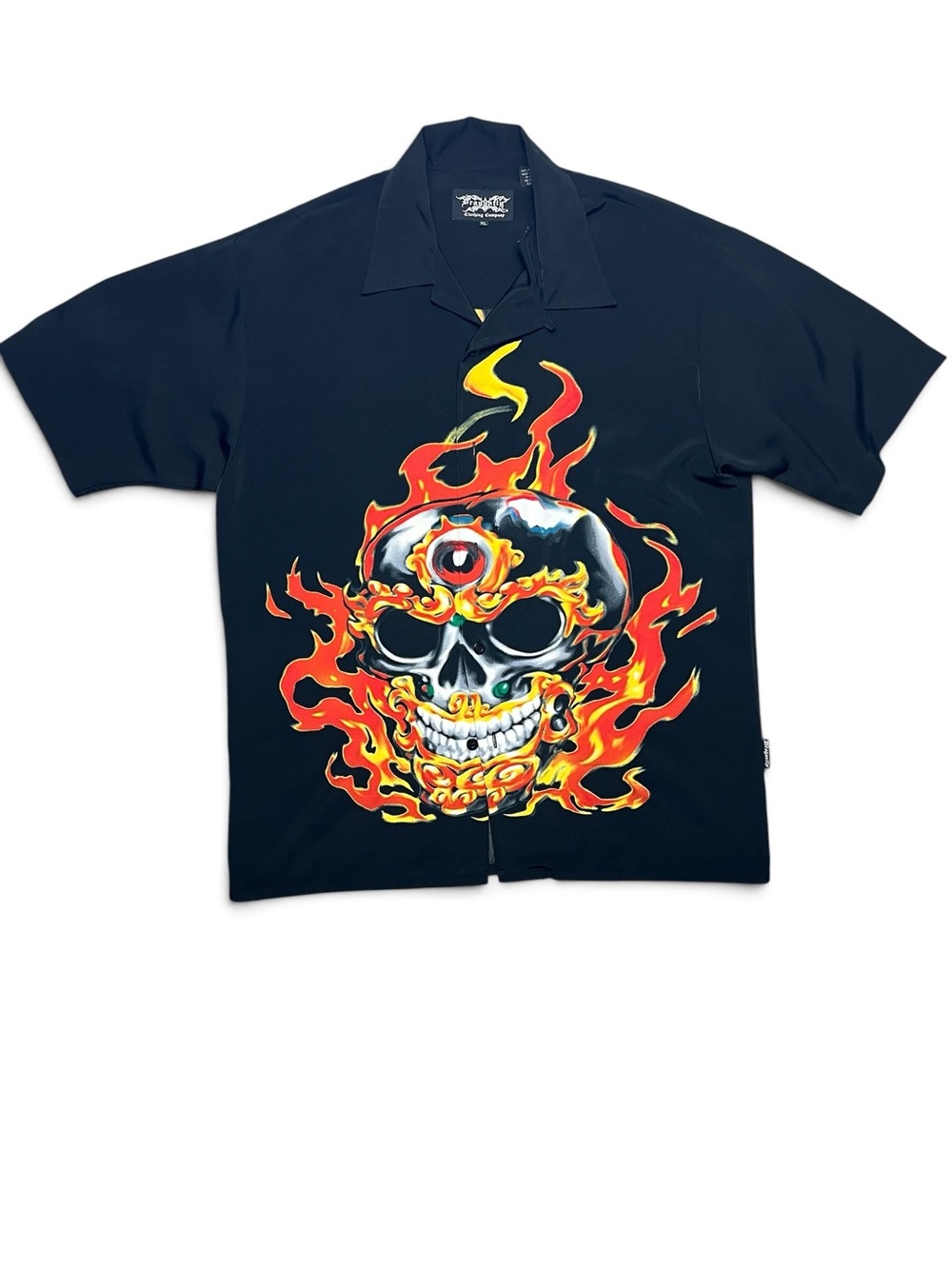 Vintage Y2K Dragonfly Flaming Skull Camp Shirt XL